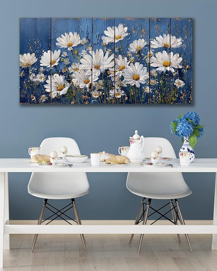 HUADAOART Canvas Wall Art Blue White Daisy Flowers 40 x 20 Inches Contemporary Living Room Bedroom Decor Ready to Hang