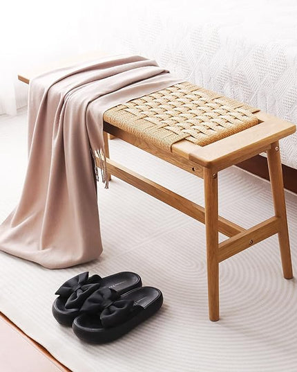 OGMILL 33.5" L Wood Dining Bench Indoor, 100% Natural Solid Oak Bed Bench Hand Woven Enterway Bench Small Bench for Dining Room, Bedroom, Kitchen (Natural)
