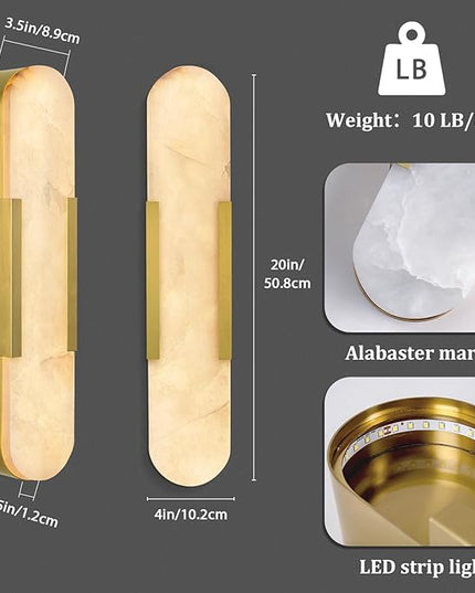 Alabaster Wall Sconce, 20" Natural Marble Wall Sconce, Brass Alabaster Sconces Set of Two, Indoor Modern Bathroom Sconces Wall Lighting for Living Room, Bedroom, Hallway, Stairs