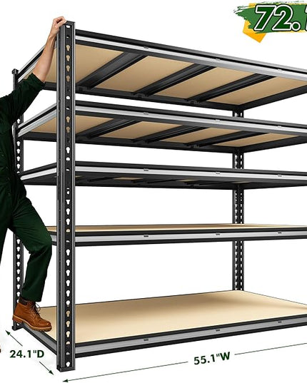 55.1" W Garage Shelves 2230LBS Storage Shelves, 5 Tier Adjustable Metal Shelving, Garage Shelving for Storage, Basement, Warehouse, Pantry, Kitchen, 55.1" W x 24.1" D x 72.1" H, Black
