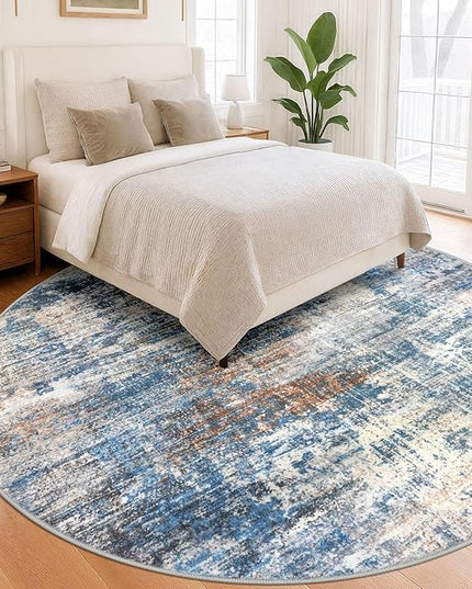 IOHOUZE Abstract Round Area Rug 8 Ft Washable Circle Rugs Large Round Rug Non Slip Thin Soft Circle Rugs, Printed Faux Wool Floor Carpet for Bedroom Living Room Dining Room Nursery, Blue Rust