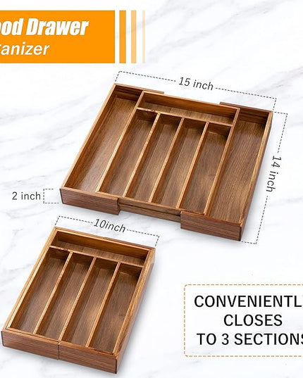 Bellsal Acacia Silverware Organizer Kitchen Drawer Organizer Expandable Bamboo Utensil Holder Cutlery Tray for Kitchen Utensil and Flatware Bedroom Office