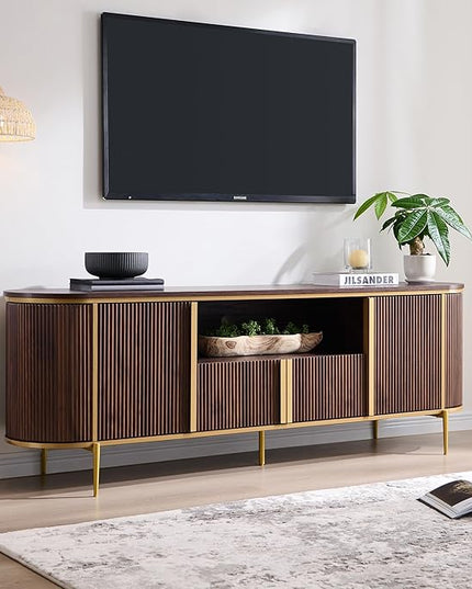 OKD Luxury 70" Fluted TV Stand, Modern Chic Entertainment Center for TVs Up to 80 inches, TV Console with Faux Marble Top, Curved Profile Design, Media Console for Living Room, (Dark Walnut)