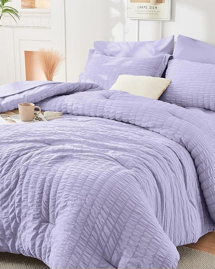 HYMOKEGE Light Purple Queen Comforter Set Seersucker 7 Pieces, All Season Luxury Bed in a Bag Queen for Bedroom, Bedding Set with Comforter, Sheets, Pillowcases & Shams