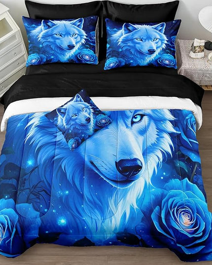 Bedbay Comforter Set King Size Rose Floral Bedding Set Blue Galaxy Sky Wolf Print King Bed in a Bag Set Boys Teen Room Decor Wild Animal Bedding Comforter Set with Sheets