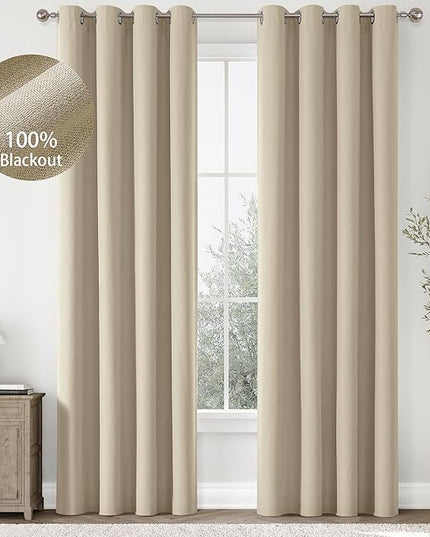 ChrisDowa 100% Blackout Linen Curtains, 2 Panels Set Thermal Insulated Room Darkening Curtains for Living Room, Privacy Grommet Window Drapes for Bedroom (Greyish Beige, 52 x 108 Inch)