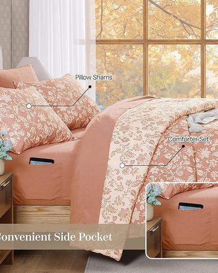 Queen Comforter Set -7 Pieces Clay Pink Floral Comforter Set for All Seasons, Bed in a Bag Queen with Botanical Flowers Comforter, Sheets, Pillowcases & Shams