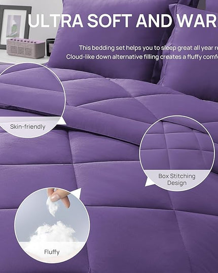 Love's cabin California King Comforter Set Purple, 7 Pieces California King Bed in a Bag, All Season Bedding Sets with 1 Comforter, 1 Flat Sheet, 1 Fitted Sheet, 2 Pillowcase and 2 Pillow Sham
