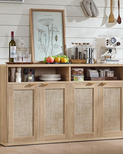 LEYAOYAO Rattan Sideboard Buffet Cabinet,55" Coffee Bar Cabinet with 4 Doors & Open Storage Shelf,Modern Credenza Console Table for Living Room Rattan Farmhouse Entryway Natural