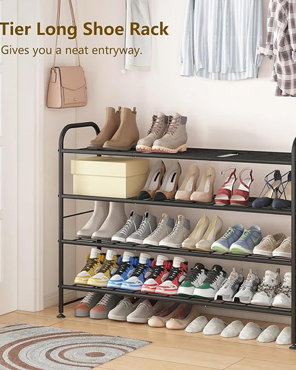 LINZINAR Shoe Rack Long 4 Tier Shoe Storage Organizer Metal Wide Shoe Shelf for Closet Entryway Bedroom 24 Paris Large Capacity, Gold Black