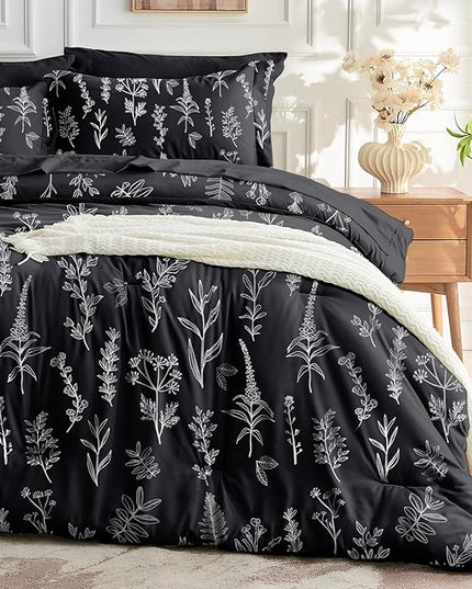 MUXHOMO Black California King Comforter Set, Elegant Floral Print Bed in a Bag 7 Pieces, Ultra Soft & Breathable Reversible Botanical Pattern Bedding Set with Comforter, Sheets, Pillowcases, and Shams