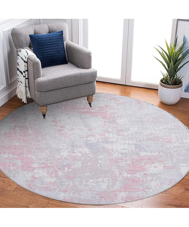 Modern Abstract 8x8 Round Area Rug Non Slip Non Shedding Rug Low Pile Stain Resistant for Bedroom Living Room Office Dining Room,Grey Pink