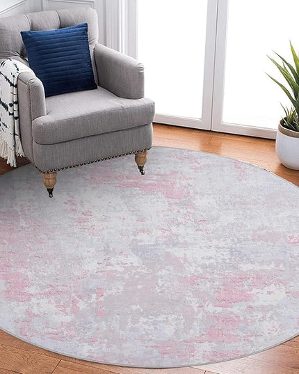 Modern Abstract 6x6 Round Area Rug Non Slip Non Shedding Rug Low Pile Stain Resistant for Bedroom Living Room Office Dining Room,Grey Pink