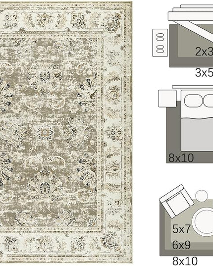 jinchan Fiora Washable Area Rug 8x10 for Living Room - Soft Faux Wool Ultra-Thin Stain Resistant Non-Slip Distressed Vintage Floral Large Carpet for Bedroom, Home Office, Nursery(Taupe, 8'x10')