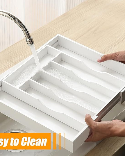 Bellsal White Silverware Organizer Kitchen Drawer Organizer Expandable Bamboo Utensil Holder Cutlery Tray for Kitchen Utensil and Flatware Bedroom Office