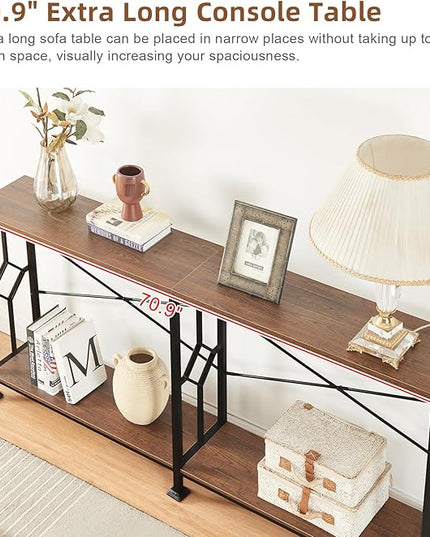 HOMISSUE Long Entryway Console Table, 70.9" Industrial Narrow Sofa Tables Behind Couch with 2 Tier Storage Shelf for Hallway, Living Room, Rustic Brown