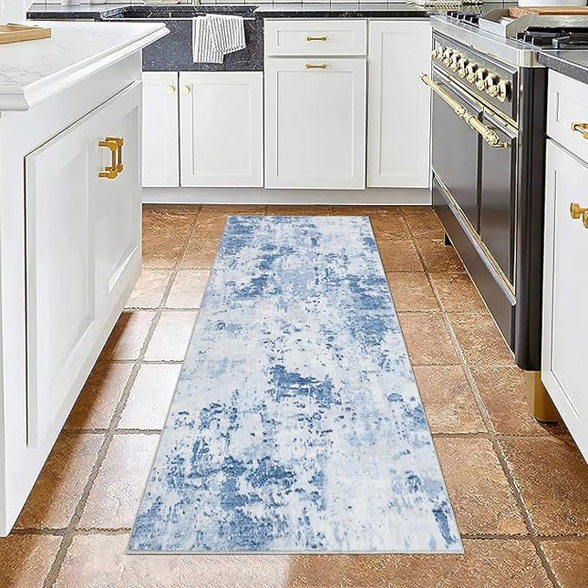 Modern Abstract Runner Rug 2x5 Washable Non Slip Stain Resistant Rug for Bedroom Living Room Non Shedding Low Pile Indoor Floor Cover,Light Blue