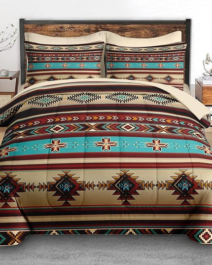 Comforter Set Full Size, African Tribal Ethnic 7 Pcs Bedding for Kids and Adults, Mexican Moroccan Aztec Bed Sheet Sets with Fitted Sheet 2 Pillowcases & 2 Shams for Bedroom Bed Decor