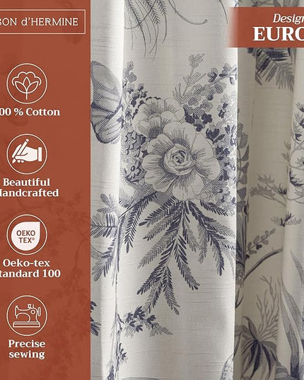 Maison d' Hermine Curtains for Living Room 100% Cotton 96 inch Length One Panel Light Filtering Toile Curtains for Bedroom Windows with Rod and Loop Pockets Drapes (Paradise Delft, 50" W x 96" L)