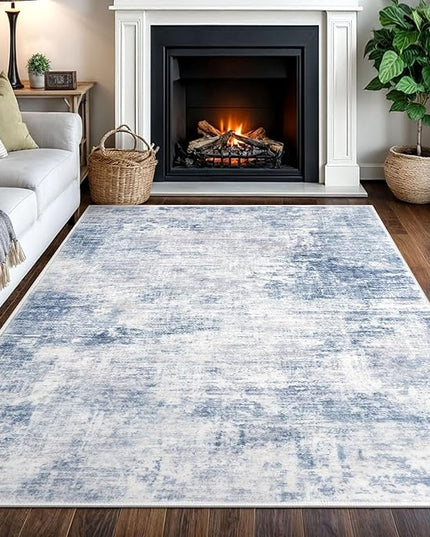 IOHOUZE Abstract Area Rugs 5x7 Ft Washable Rugs for Living Room, Non Slip Dining Room Rug, Printed Faux Wool Rugs for Bedroom, Floor Carpet for Office Nursery Playroom, Light Blue White