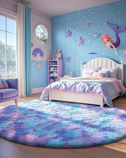 Ophanie Round Rugs 5Ft Tie-Dye Rainbow Purple Area Rug, Aesthetic Room Decor, Fluffy Fuzzy Bedroom Carpet, Plush Soft Shaggy Colorful Living Room Rugs for Kids Home Decor, Nursery