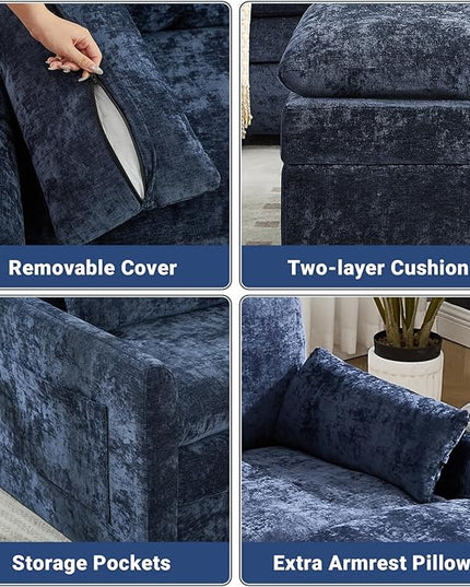 Tbfit Living Room Furniture Set, Standard Sofa & Ottoman, Modern Comfy Cloud Sofa Set, Spring Seat Cushions, Chenille, Blue