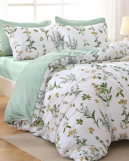 MUXHOMO Bed in a Bag King 7 Pieces, King Comforter Set Reversible Green Botanical Flowers Design, Ultra Soft & Breathable Bedding Sets with Comforter, Sheets, Pillowcases & Shams