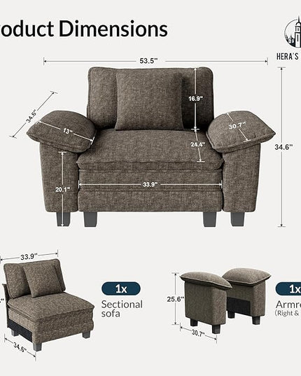 HERA'S HOUSE 54" Modular Sectional Sofa Couches for Living Room, Comfy Cloud Couch 1-Seater Deep Seat Sofa with Throw Pillow, Chenille Ash