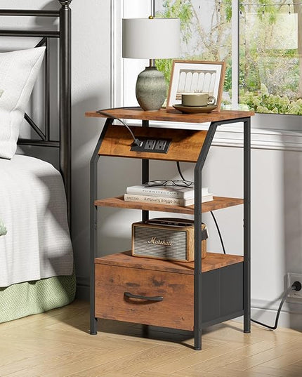JAXPETY Nightstands Set of 2, Night Stand with Drawer Shelf and Charging Station, Storage End Table, Bedside Table for Bedroom Living Room Sofa, Rustic Brown