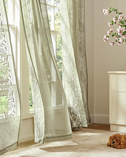 jinchan Winslow Sage Sheer Curtains 84 Inch for Bedroom Living Room Embroidered Bordered Floral Nursery Curtains for Playroom Dorm Light Filtering, Ivory on Sage, 2 Panels, 50W x 84L