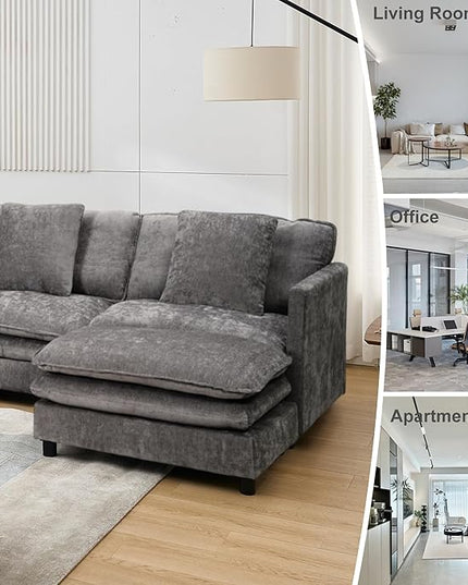 Modular Sectional Sofa, 143.31'' Modern Sofa Sleeper Couch with 3 Seat & 3 Pillows Sofa Set, Comfy Cloud Couches with Movable Ottoman, Deep Seat Couch for Living Room Chenille (Grey, U Shaped)