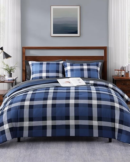 MaiRêve Queen Size Plaid Comforter Set Indigo Blue, Classic Checkered 7 Pieces Farmhouse Bedding Set, All Season Lightweight Bed in A Bag with Sheets, Pillowcases & Shams