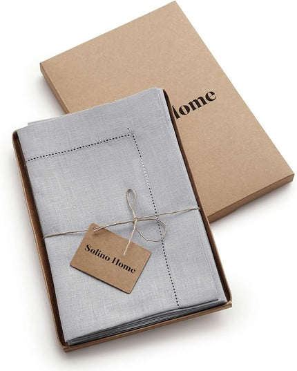 Solino Home Linen Napkins Set of 4 - Classic Hemstitch 100% Pure Linen Soft Grey Dinner Napkins Cloth 20 x 20 Inch for Christmas, Winter, New Year - Handcrafted and Machine Washable