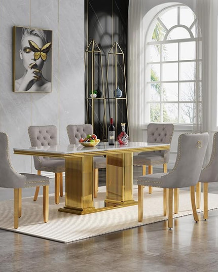 HomVent 68.11'' Faux Marble Dining Table Set for 6, Modern Rectangle Kitchen Table with Stainless Steel Base (White Table with 6 Grey Chairs, 7 Pieces)