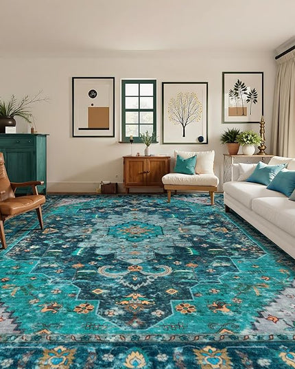 Ciicool 9x12ft Vintage Washable Area Rug,Large Oriental Throw Carpet,Non-Slip Low Pile Rug for Living Room, Bedroom, Dining Room, Office, Kitchen（Teal/Multi）