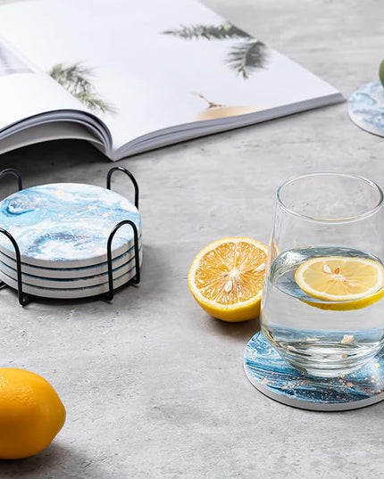 Hoewina 6Pcs Drink Coasters with Holder, Marble Style Ceramic Drink Coaster, Absorbent Coasters Set Suitable for Kinds of Cups, Modern Style Coaster for Coffee Table, 4 Inches（Style 9）