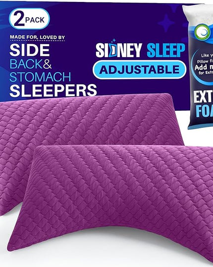 Sidney Sleep Set of 2 Queen Size Adjustable Bed Pillows for Side and Back Sleepers - Memory Foam Pillows for Neck and Shoulder Support - Customizable Loft - Extra Foam Included (Magenta)