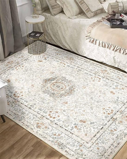 Boho Rug 4'x6.5',Washable Area Rugs for Bedroom Living Room Kitchen Entryway,Small Vintage Bohemian Distressed Non Slip Carpet,Beige