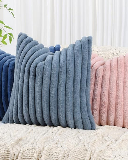 decorUhome Faux Fur Spring Throw Pillow Covers 12x20 Set of 2, Decorative Soft Plush Striped Neutral Couch Euro Pillow Covers with Velvet Back for Sofa, Bed, Living Room Home Decor, Grey Blue
