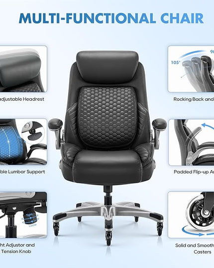 COLAMY Office Ergonomic Desk High Back Executive Chair with Pop-Out Lumbar Support, Upgraded Casters, Adjustable Headrest, Flip-Up Arms, Leather Home with Thick Cushion for Comfort - Black
