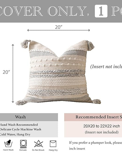 BlissBlush Gray Boho Decorative Throw Pillow Cover 20x20 Square Farmhouse Accent Cushion for Couch Sofa Livingroom Bedroom Pillowcase Modern Home Décor (Pack of 1)