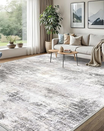IOHOUZE Abstract Area Rugs 8x10 Ft Washable Large Rugs for Living Room, Non Slip Dining Room Rug, Printed Faux Wool Rugs for Bedroom, Floor Carpet for Office Nursery Playroom, Grey Beige