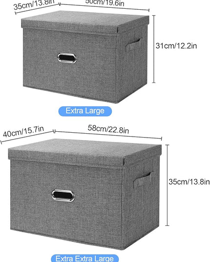 Large Linen Fabric Foldable Storage Bins with Removable Lid and Handles, Washable Storage Box Organizer Containers Baskets Cube with Cover for Bedroom,Closet,Office,Nursery (Grey, XXL)
