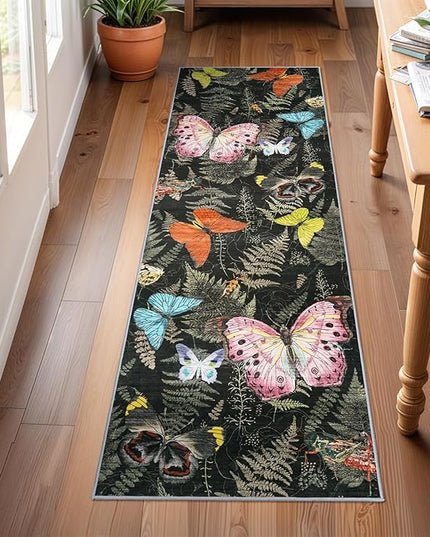 Washable Oriental Hallway Runner Rug - 2x6 Rugs for Living Room Soft Carpet for Bedroom Kitchen Waterproof Floral Indoor Stain Resistant Non-Shedding Floor Carpets (Black Green Butterfly, 2X6)