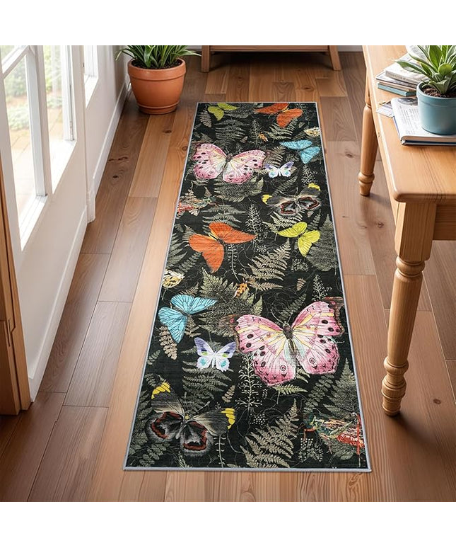 Washable Oriental Hallway Runner Rug - 2x6 Rugs for Living Room Soft Carpet for Bedroom Kitchen Waterproof Floral Indoor Stain Resistant Non-Shedding Floor Carpets (Black Green Butterfly, 2X6)