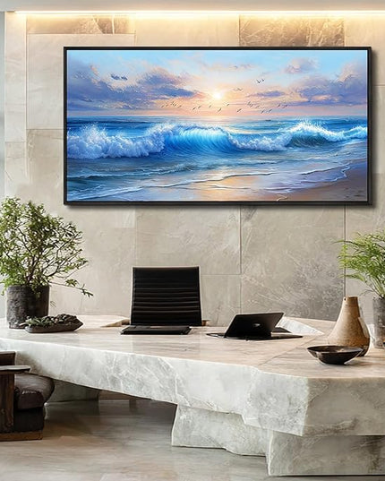 XIGUANGART Canvas Wall Art For Living Room Blue Sea Wave and Large Coastal Beach Paintings Sunrise Seascape Pictures Artwork Ocean Home Decorations Wall Decor for Bedroom Bathroom Hallway Office