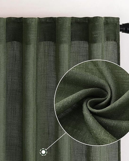 MIULEE Olive Green Linen Curtains 84 Inch Length for Bedroom Living Room, Soft Thick Linen Textured Window Drapes Semi Sheer Light Filtering Back Tab Rod Pocket Burlap Look Christmas Decor, 2 Panels