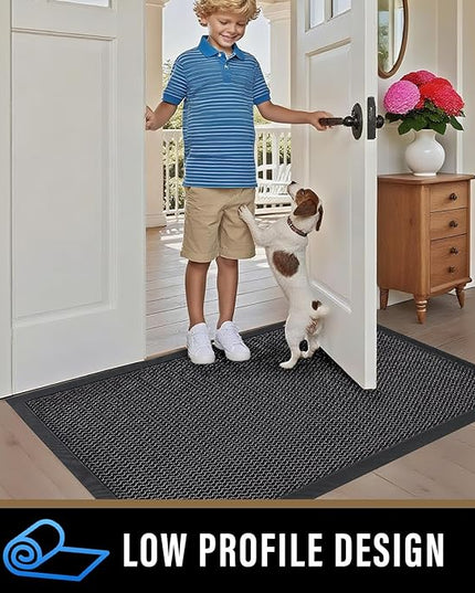 PLEASOR Front Door Mat Indoor Outdoor Entrance, Sturdy Natural Rubber Doormat, Resists Dirt and Absorbent, Low Profile Welcome Mat for Outdoor Entry, 17x30, Grey