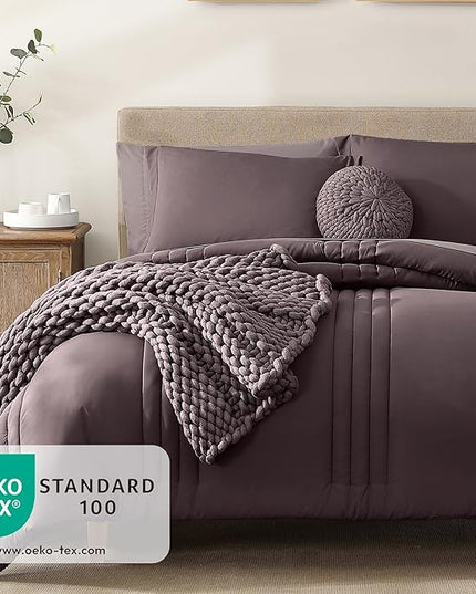 Monbix Full Comforter Set - 7 Pieces Italian Plum in a Bag Full Size Bedding Sets with Comforters, All Seasons Down Alternative Comforter with Sheets,Pillowcases & Shams