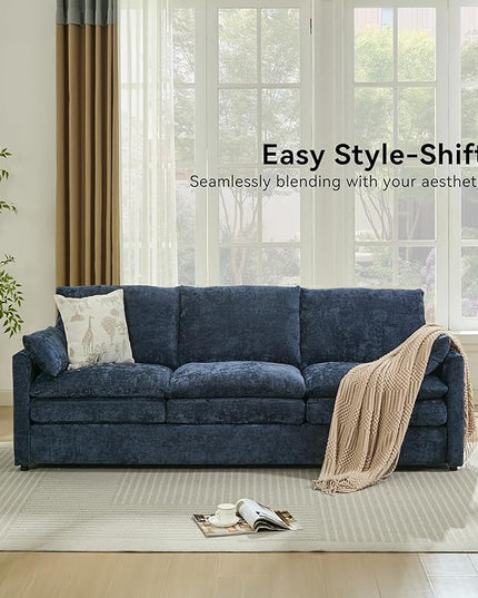 Tbfit Modern Couch, 89" Cloud Sofa Spring Seat Cushions, Comfy 3-Seater w/Pillows, Chenille Fabric Removable Covers, Soft Upholstered Living Room Furniture, Home Apartment, Blue